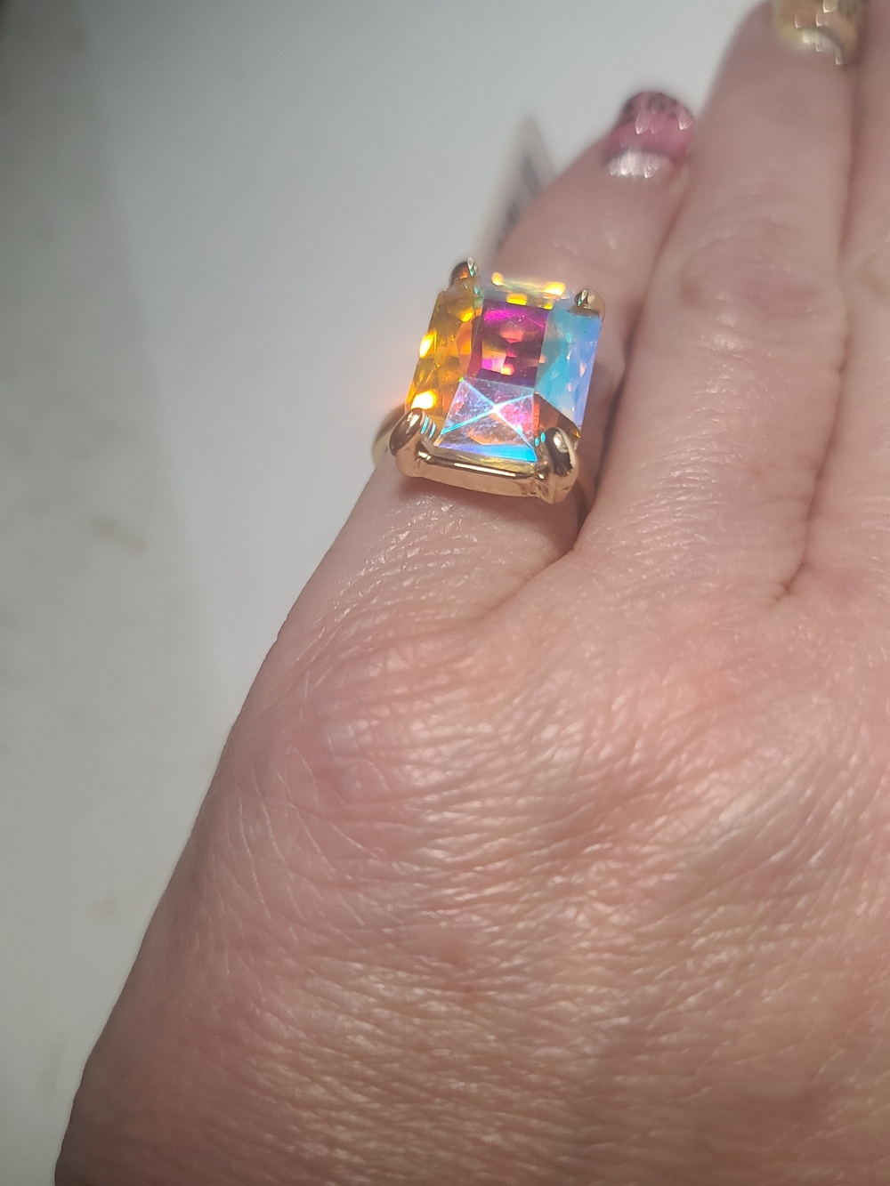 Fashion Iridescent Rectangular Crystal - Multicolor Adjustable Ring. Gold Plated